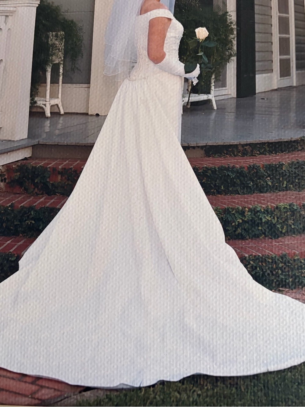 Mori Lee White Off-Shoulder A-Line Bridal Gown with Long Train